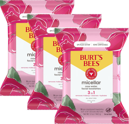 Stocking Stuffers, Rose Water Face Wipes, for All Skin Types, Hydrating Micellar Makeup Remover & Facial Cleansing Towelettes, Skin Care Christmas Gifts, 30 Ct (3-Pack)